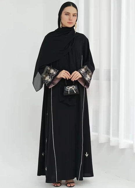 Middle East Style Muslim Kaftan Black Fabric Embroidered Sleeve Design White Line Accents for Gulf Region Modest Fashion Events