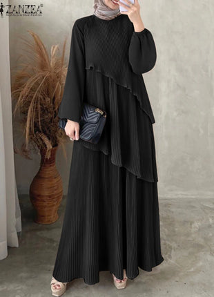 ZANZEA Patchwork Lantern Sleeve Abaya Robes Women Plisse Layered Elegant Maxi Dress Muslim Fashion Islamic Hijab Pleated Dress