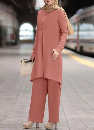 Ramadan Two Piece Sets Shirt &Pants Women Muslim Suits Shirt Blouse Musulman Ensembles Moroccan Kaftan Islamic Dress Sets
