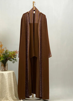 Hot Selling Ramadan Rhinestone Cardigan Islamic Dresses With Pockets Kebaya Muslim Kimono Abaya Dubai Modest Clothing Women EID