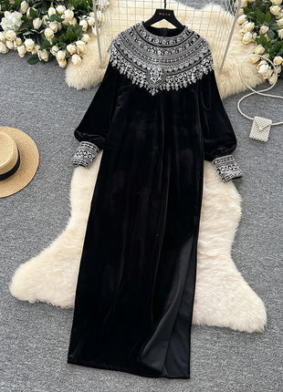 Chic vintage velour long sleeve slim Elegant Fairy korean fashion Boho Sundress women clothing