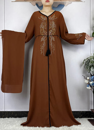 New African Abayas For Women Long Sleeved Chiffon Loose Femme Elegant Robe Dubai Islam Fashion Party Evening Dresses With Scarf