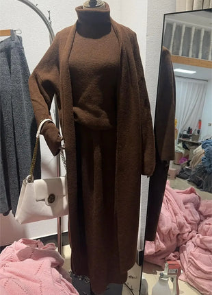 3 Piece Set Muslim Women Waistcoat Cardigan Sweater Coat Knitted Long Skirt Suit Knitting Skirts Ensemble Morocco Casual Outfits