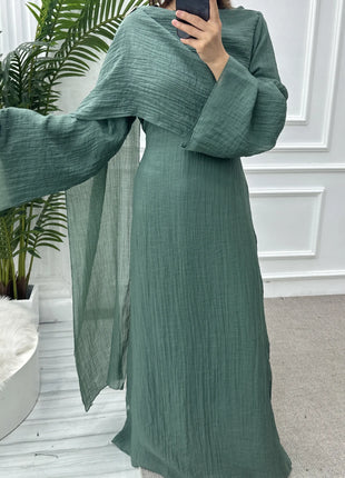 Two Piece Middle East Muslim Cardigan Set for Women Ramadan Eid Dubai Modest Abaya Dress Elegant Islam Solid Turkey Robe Outfit