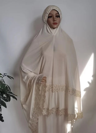 Ramadan  Long Khimar Muslim Abaya Women Prayer Garment Saudi Prayer Dress Lace Trim Silky 2 Piece Skirt Sets Eid Niqab jilbab