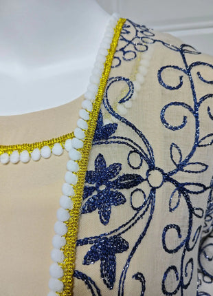 Charming Light Blue Two Piece Abaya Set Gold Patterned Outer Robe Belted Mint Inner Dress for Islamic Ramadan in the MIddle East