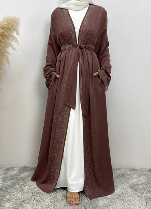 Hot Selling Ramadan Rhinestone Cardigan Islamic Dresses With Pockets Kebaya Muslim Kimono Abaya Dubai Modest Clothing Women EID