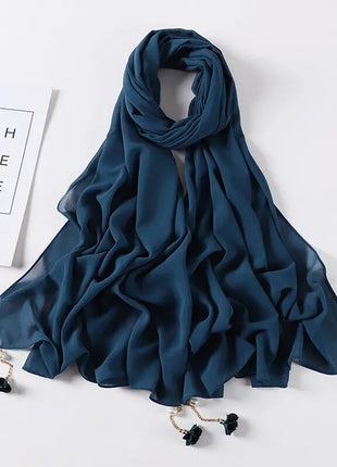 Fashion Flowers Pearl Tassel Chiffon Long Scarf Hijabs Elegant Womens Party Turban Headwear Solid Color Headscarf Shawls Scarves
