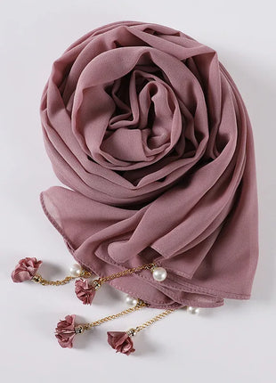 Fashion Flowers Pearl Tassel Chiffon Long Scarf Hijabs Elegant Womens Party Turban Headwear Solid Color Headscarf Shawls Scarves