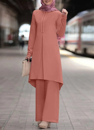 Ramadan Two Piece Sets Shirt &Pants Women Muslim Suits Shirt Blouse Musulman Ensembles Moroccan Kaftan Islamic Dress Sets