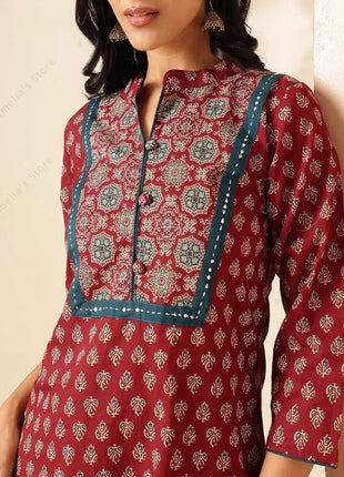 Spring Summer Women's Ethnic Maroon Floral Print Kurta Indian Tunic Top Long Kurti Dress Boho Chic Thin Daily Wear