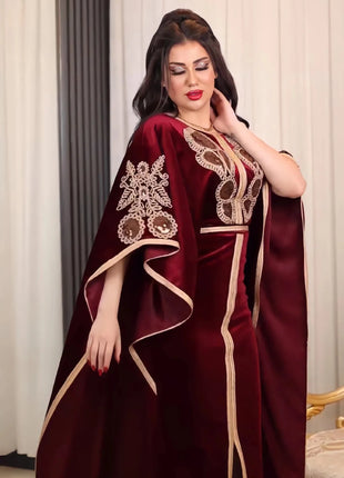 Ramadan Luxury Muslim Fashion Bat Sleeve Moroccan Turkiye Dubai Dress Middle East Arab Dress Sequins Golden Velvet Long Dress