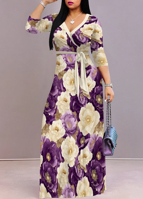 Floral V-Neck Wrap Dress - Tie Waist Flowy Midi Dress, Boho Summer Dress for Women