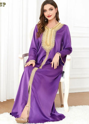 Ramadan Luxury Muslim Fashion Bat Sleeve Moroccan Turkiye Dubai Dress Middle East Arab Dress Sequins Golden Velvet Long Dress
