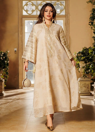 Muslim Women's Light Blue Islamic Embroidered Abaya with Gold Detailing Ideal for Formal Events in Middle East like UAE Saudi