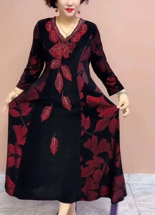 Female Clothing Elegant V-Neck Dresses Autumn Winter Casual A-Line Waist Vintage Printing Commute Fashion Diamonds Long Dress