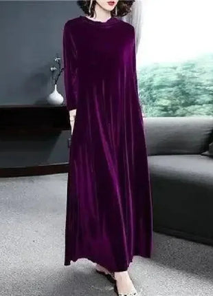 Elegant Long Sleeve Velvet Dress Autumn Spring New Style Puffy Collar Slimming Tummy Covering Mid-Length Gown Princess Sleeve