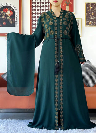 2024 Women Party Dress Chiffon Open Abaya Golden Stones Muslim Women Dress Islamic Clothing Cardigan Abaya Women Muslim Dress