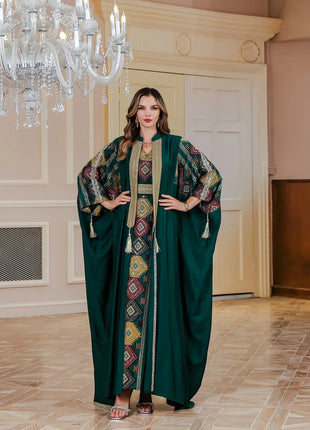 Eid Muslim 2 Piece Set Women Embroidery Dresses Open Abaya Suit Jalabiya Ramadan Dubai Kaftan Party Vestidos Cardigan Robe 2025