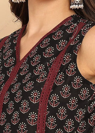 Indian Ethnic Style Women's Black Green Cotton Kurta Tunic Top Sleeveless Paisley Print Summer Wear Casual Kurti Dress