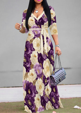 Floral V-Neck Wrap Dress - Tie Waist Flowy Midi Dress, Boho Summer Dress for Women