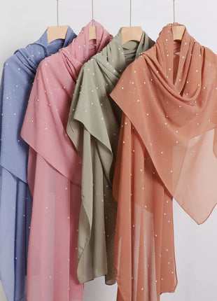 Hot Diamond Pearl Chiffon Hijabs for Women Muslim Fashion Long Shawl Head Wrap for Women Turbans for Women Ramadan Turban Femme