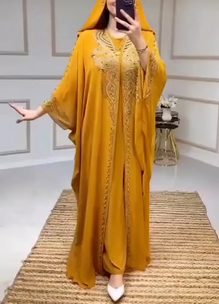 Eid Muslim Dress for Women Hooded Abaya 2 Piece Set Diamond Jalabiya Morocco Party Dresses Dubai Abayas Kaftan Vestido Long Robe