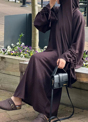 Eid Modest Dress for Women Abaya Lace-up Sleeve Morocco Party Dresses Ramadan Vestidos Largos Kaftan Islam Dubai Arab Long Robe