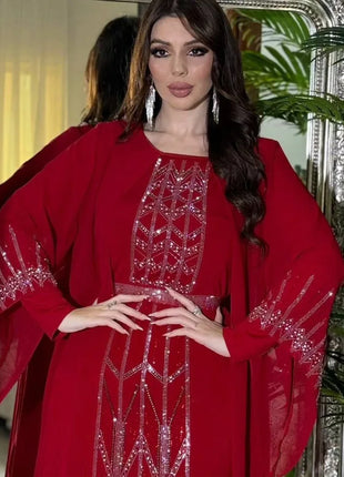Eid Muslim Party Dress for Women Fake 2 Piece Diamond Ramadan Abaya Belt Flare Sleeve Kaftan Vestidos Largos Dubai Robe Jalabiya