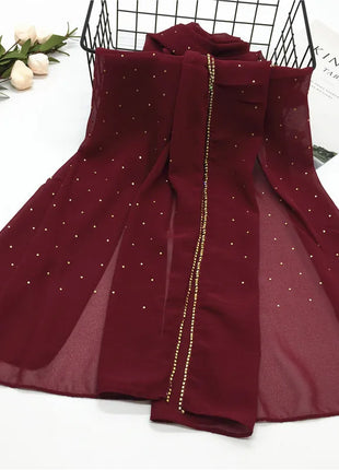 High Quality Rhinestone Chain Pearl Chiffon Long Scarf Hijabs Elegant Dubai Muslim Womens Party Wrapped Turban Shawls Headwear