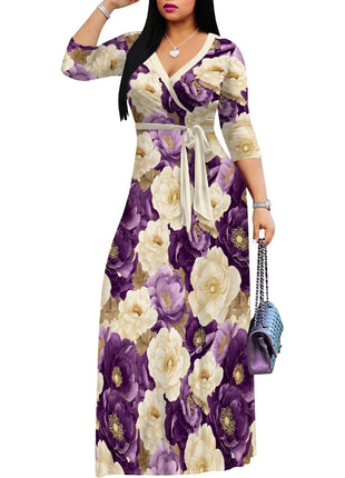 Floral V-Neck Wrap Dress - Tie Waist Flowy Midi Dress, Boho Summer Dress for Women