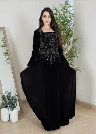 Women Dubai Arab Muslim Velvet Chiffon Splicing Diamond Evening Dress Jalabia Women's Clothing Abaya Robe
