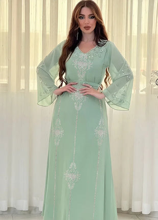 Women's Long Sleeve Polyester Abaya — Diamond Detail V-Neck Dress