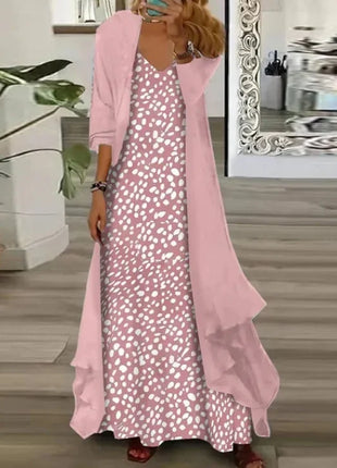 Independent Stand Floral Print Women's Dress Two-Piece Set Short Sleeve Ankle-Length Polyester Fiber Regular Waist Line