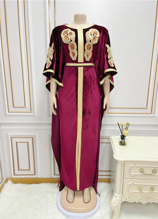 Ramadan Luxury Muslim Fashion Bat Sleeve Moroccan Turkiye Dubai Dress Middle East Arab Dress Sequins Golden Velvet Long Dress