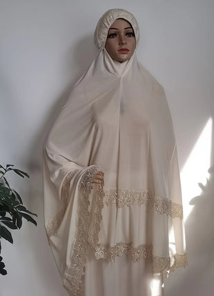 Ramadan  Long Khimar Muslim Abaya Women Prayer Garment Saudi Prayer Dress Lace Trim Silky 2 Piece Skirt Sets Eid Niqab jilbab