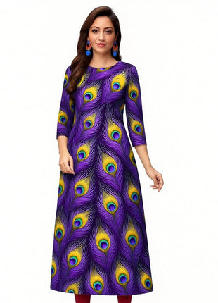 Dress Kurtta Women Fashionable Straight Tube Casual Bright Slit hem Peacock Patterns Robe Arabe Robe Traditionnelle Arabe Muslim