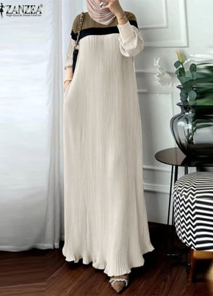 Fashion Autumn Long Sleeve Pleated Sundress 2024 ZANZEA Muslim Abaya Robe Femmme Women Patchwork Maxi Dresses Casual Vestidos