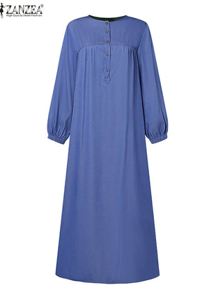 ZANZEA Women Vintage Muslim Abaya Dress 2024 Autumn Sundress Casual Long Sleeve Solid Maxi Long Vestidos Kaftan Islamic Clothing