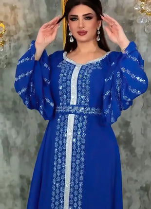 Abaya Muslim Women Party Dresses Chiffon Sequins Jalabiya Ramadan Eid Morocco Islam Sashes Vestidos Arab Long Robe Dubai Kaftan