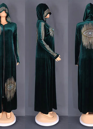 Long Sleeved Hooded Muslim Dress Velvet Diamond Clothing for Women Dubai Abayas Casual Korean Style Kaftan Evening Dress Abayas