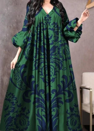 Vintage Printed Dress Women Breathable Loose Middle Eastern Robe Casual Long Sleeve Abaya V-neck Loose Muslim Abayas for Women