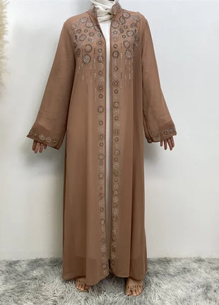 Diamond for Muslim Women Chiffon Open Cardigan Abaya Kimono Maxi Dress Turkey Dubai Arab Kaftan Eid Party Morocco Gowns Jalabiya