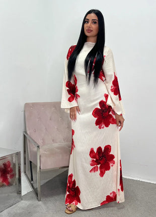 Arabesque Bell Sleeve Flowy Maxi Abaya Dress Elegant Floral Print Muslim Modest Long Dress Islamic Vacation Outfit Summer Robe