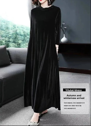 Elegant Long Sleeve Velvet Dress Autumn Spring New Style Puffy Collar Slimming Tummy Covering Mid-Length Gown Princess Sleeve