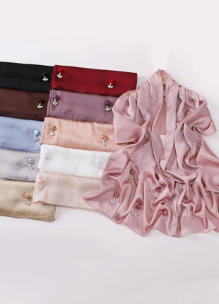 New Bubble Chiffon Hijab Scarf Handmade Flower Beaded Anchor Satin Silk Scarf  Hijabs for Women Turban Femme Ramadan Islamic