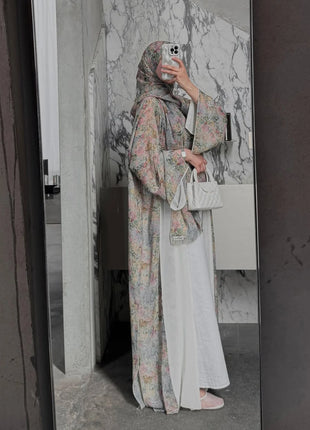 Middle Eastern Elegant Arabic Traditional Cardigan Long-Sleeved Floral Print Abaya Robe with Headscarf