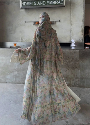 Middle Eastern Elegant Arabic Traditional Cardigan Long-Sleeved Floral Print Abaya Robe with Headscarf