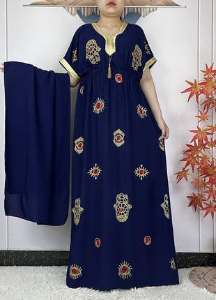 New African Abaya Women Elegant Dress Collect Waist Straight Cotton Embroider Dress Loose Caftan Femme Clothing Islamic Dresses