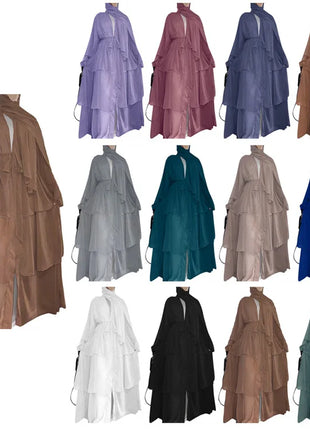 Kimono 3 Layer Chiffon Abayas for Women Muslim Dress Dubai Turkey Kebaya Open Abaya Islamic Jalabiya Caftan Marocain Femme Robe